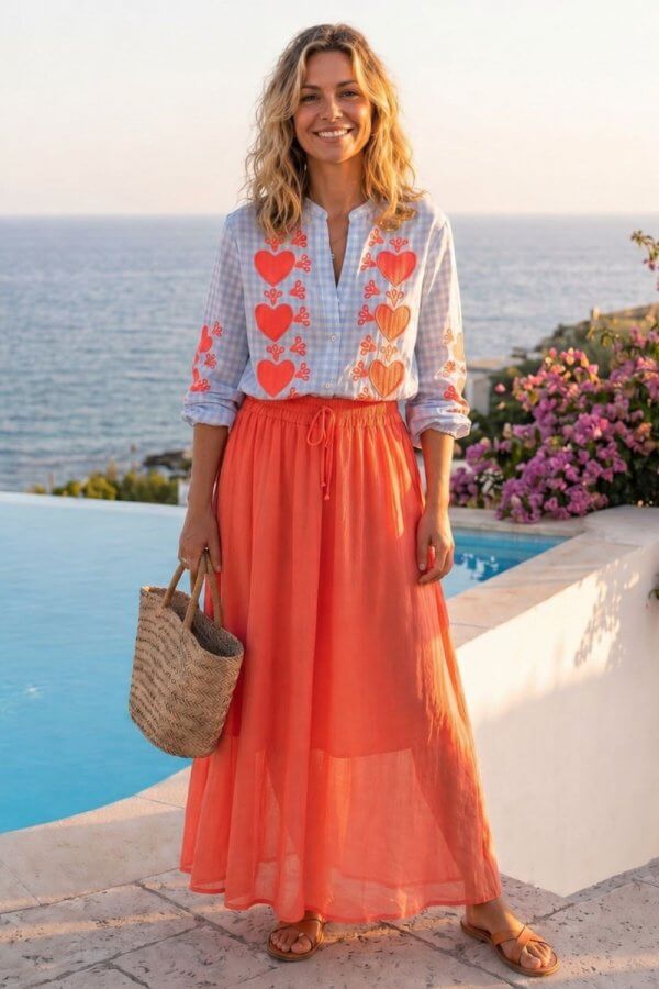 Look bohème chic blouse Lovea jupe Flora Corail bord de piscine – Jolie Re'belle Couzeix