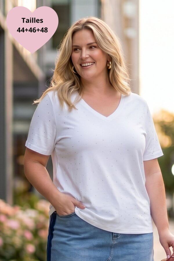 T-shirt femme grande taille blanc col V strass Yest Curve – Jolie Re'belle Couzeix
