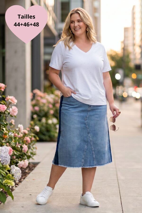 Jupe jean femme grande taille bicolore bleu clair foncé Yest Curve – Jolie Re'belle Couzeix