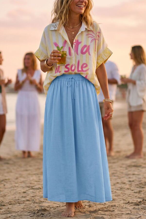 Look bohème chic chemise Bella Sun jupe Flora Blue plage – Jolie Re'belle Couzeix